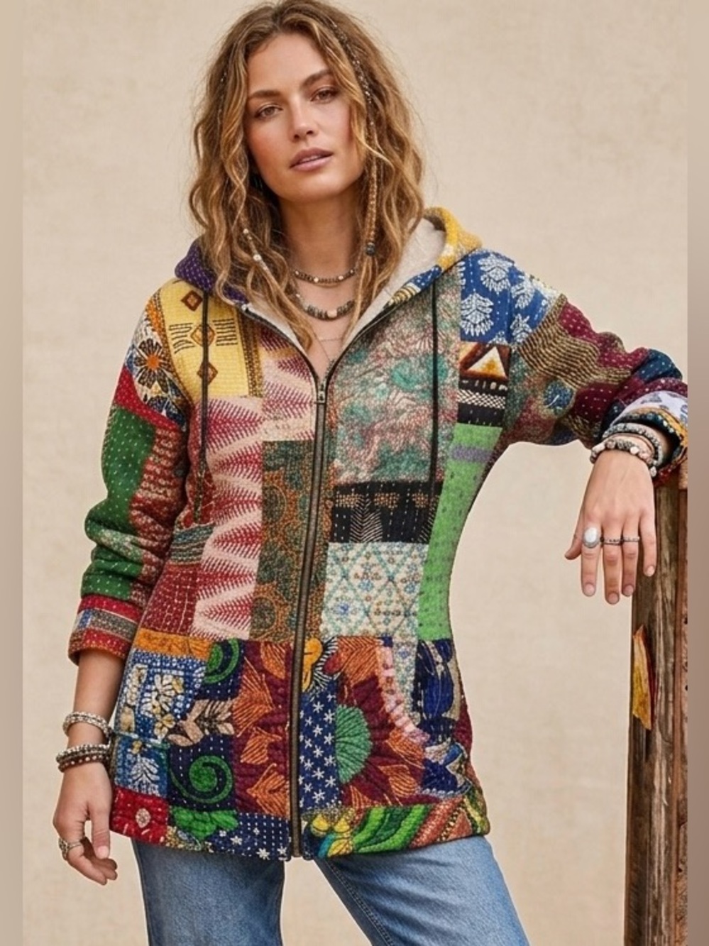 ✨ NWT Raj Kantha Hand-Stitched Patchwork Zip-Up Hoodie - Size L ✨